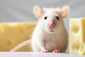 Close-up copy space white tame rat or mouse with cheese. AI generated. photo