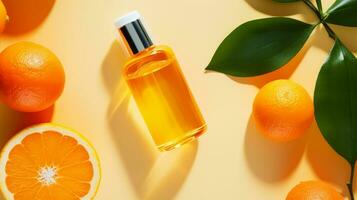 A bottle with a cosmetic product surrounded by oranges, top view. AI generated. photo