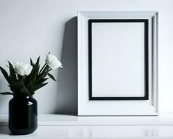 White blank frame mockup with black border on wall and flower ai generate photo