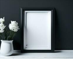 White blank frame mockup with black border on wall and flower ai generate photo