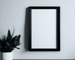 White blank frame mockup with black border on wall and flower ai generate photo