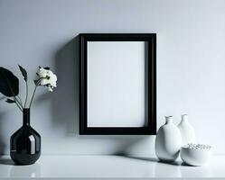 White blank frame mockup with black border on wall and flower ai generate photo