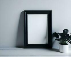 White blank frame mockup with black border on wall and flower ai generate photo