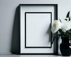 White blank frame mockup with black border on wall and flower ai generate photo