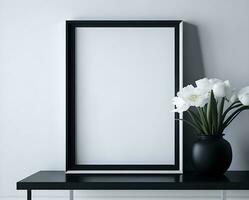 White blank frame mockup with black border on wall and flower ai generate photo