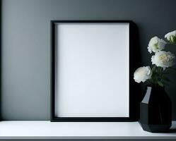 White blank frame mockup with black border on wall and flower ai generate photo