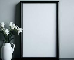 White blank frame mockup with black border on wall and flower ai generate photo