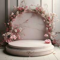 Pink marble podium with flowers. Generative AI photo