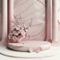 Pink marble podium with flowers. Generative AI photo