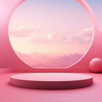 Pink space, podium, product display room. Simple scene for advertising cosmetics, items, goods. Generative AI photo