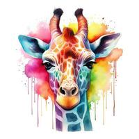Colorful image of giraffe, watercolor illustration isolated on white background. Generative AI photo