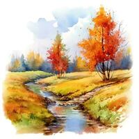 Watercolor autumn landscape, watercolor painting, leaf fall. Generative AI photo