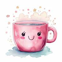 Cute watercolor illustration of a mug in kawaii style. Generative AI photo