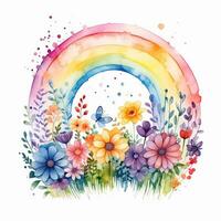 Watercolor rainbow illustration, floral art, clipart, single element for design on white background. Generative AI photo