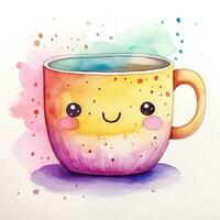 Cute watercolor illustration of a mug in kawaii style. Generative AI photo