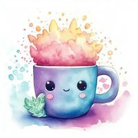 Cute watercolor illustration of a mug in kawaii style. Generative AI photo