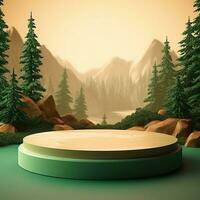 Empty trendy round podium in the forest. Generative AI photo