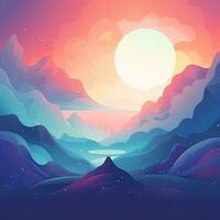Bright abstract landscape in rainbow colors in flat style, mountains, clouds. Generative AI photo