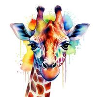 Colorful image of giraffe, watercolor illustration isolated on white background. Generative AI photo