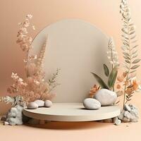 Empty podium made of pastel beige pink stone. Scene, stand with flowers. Generative AI photo