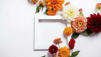 Mockup of picture frame decorated with spring flowers clean space for text on white background photo