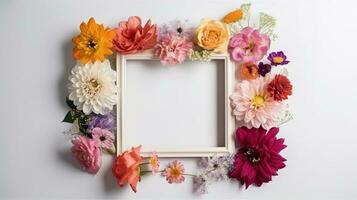 Mockup of picture frame decorated with spring flowers clean space for text on white background photo