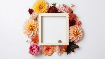 Mockup of picture frame decorated with spring flowers clean space for text on white background photo