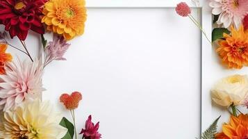 Mockup of picture frame decorated with spring flowers clean space for text on white background photo