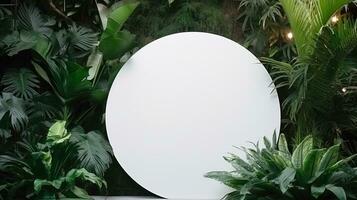 Empty white banner with mock up space white of signboard on plants wall space for text photo