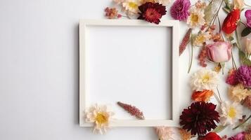 Mockup of picture frame decorated with spring flowers clean space for text on white background photo