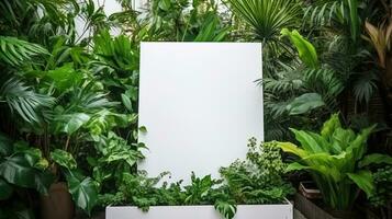 Empty white banner with mock up space white of signboard on plants wall space for text photo