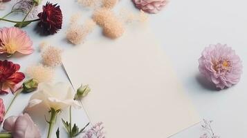 Top view blank card with flowers Abstract organic flowers Blooming floral on white background photo