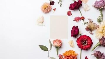 Top view blank card with flowers Abstract organic flowers Blooming floral on white background photo