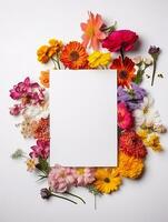 Vertical top view blank card with flowers Abstract organic flowers Blooming floral on white background for invitation card photo