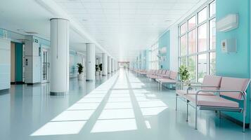 Empty modern hospital corridor with rooms and seats waiting room in medical office. Healthcare service interior photo