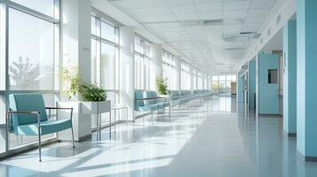 Empty modern hospital corridor with rooms and seats waiting room in medical office. Healthcare service interior photo