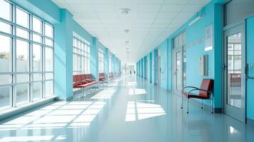 Empty modern hospital corridor with rooms and seats waiting room in medical office. Healthcare service interior photo