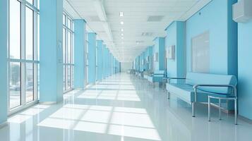Empty modern hospital corridor with rooms and seats waiting room in medical office. Healthcare service interior photo