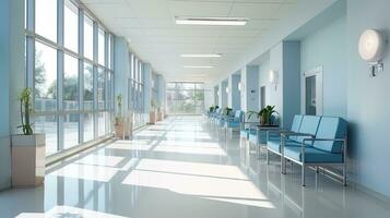 Empty modern hospital corridor with rooms and seats waiting room in medical office. Healthcare service interior photo