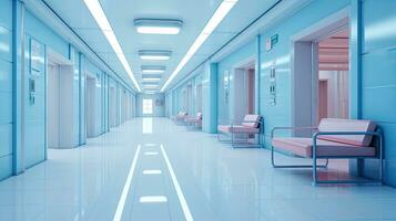 Empty modern hospital corridor with rooms and seats waiting room in medical office. Healthcare service interior photo