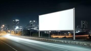 Advertising mock up blank billboard at night time with street light with copy space for public information board billboard blank for outdoor advertising poster photo