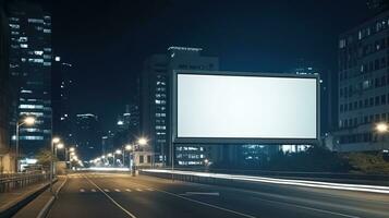 Advertising mock up blank billboard at night time with street light with copy space for public information board billboard blank for outdoor advertising poster photo