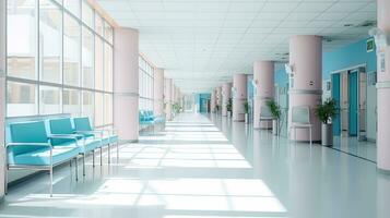 Empty modern hospital corridor with rooms and seats waiting room in medical office. Healthcare service interior photo