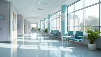 Empty modern hospital corridor with rooms and seats waiting room in medical office. Healthcare service interior photo