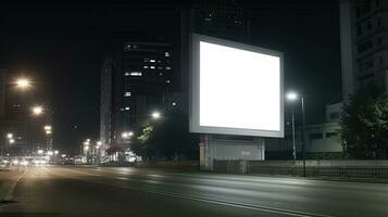 publicidad burlarse de arriba blanco cartelera a noche hora con calle ligero con Copiar espacio para público información tablero cartelera blanco para al aire libre publicidad póster foto