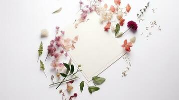 parte superior ver blanco tarjeta con flores resumen orgánico flores floreciente floral en blanco antecedentes foto
