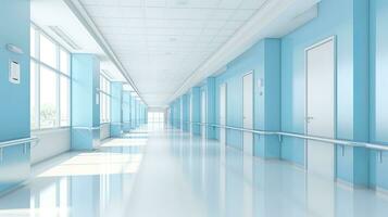 Empty modern hospital corridor with rooms and seats waiting room in medical office. Healthcare service interior photo