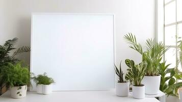 Empty white banner with mock up space white of signboard on plants wall space for text photo