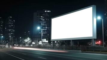 Advertising mock up blank billboard at night time with street light with copy space for public information board billboard blank for outdoor advertising poster photo