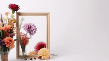 Mockup of picture frame decorated with spring flowers clean space for text on white background photo